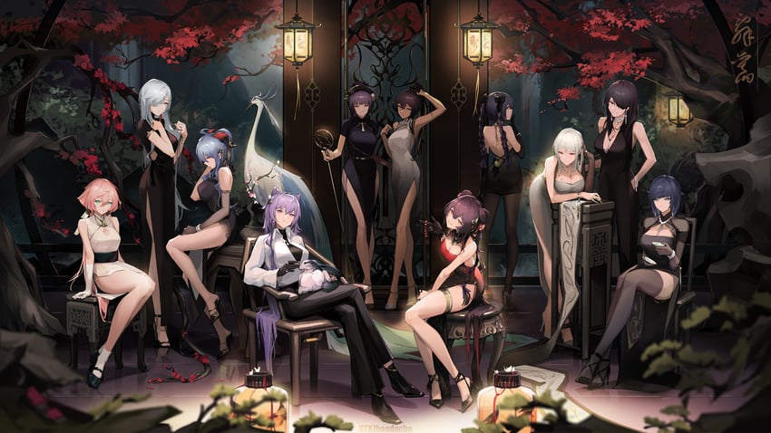 ganyu, hu tao, mona, keqing, shenhe, and 8 more (genshin impact) drawn by heitian_keji