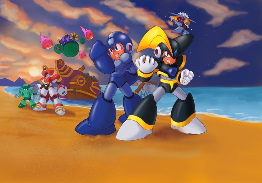 mega man, bass, tengu man, astro man, pirate man, and 1 more (mega man and 1 more) drawn by sprinqgueen