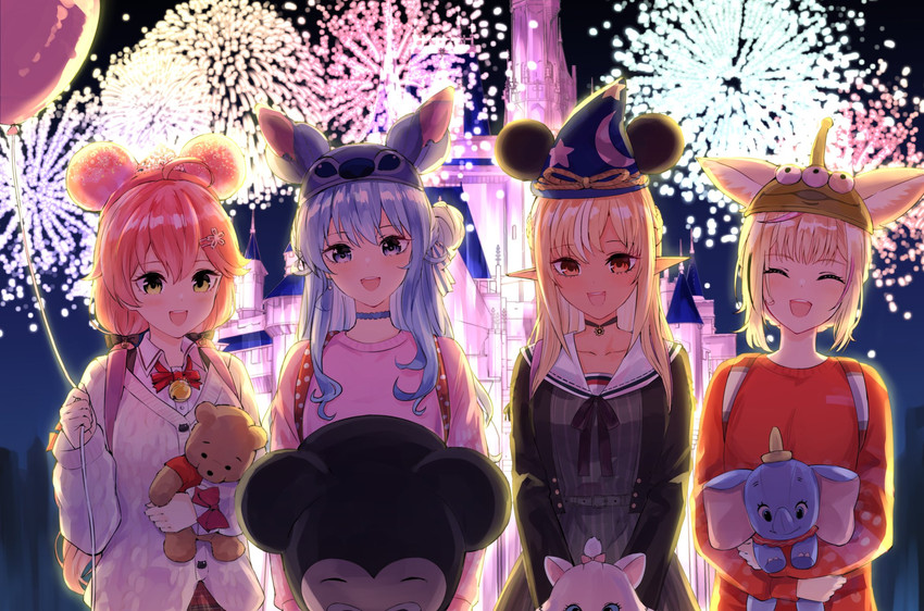 hoshimachi suisei, sakura miko, shiranui flare, omaru polka, mickey mouse, and 5 more (hololive and 10 more) drawn by yuu201023
