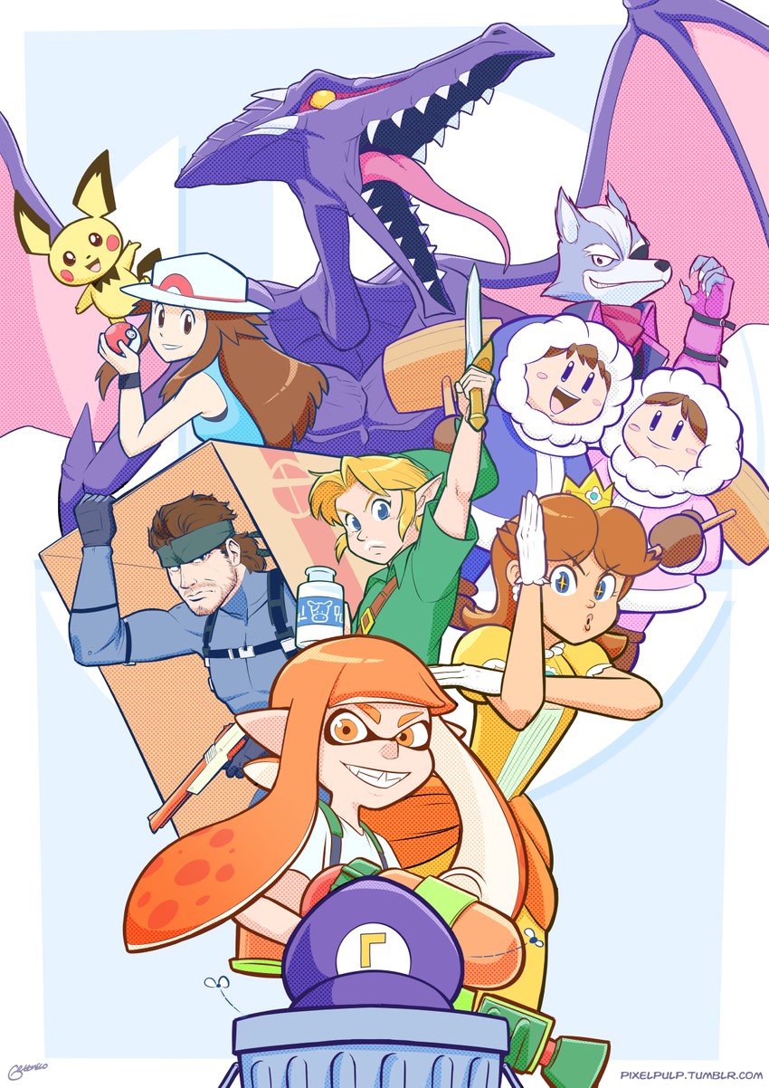 link, inkling player character, inkling girl, leaf, princess daisy, and 8 more (pokemon and 12 more) drawn by letitmelo