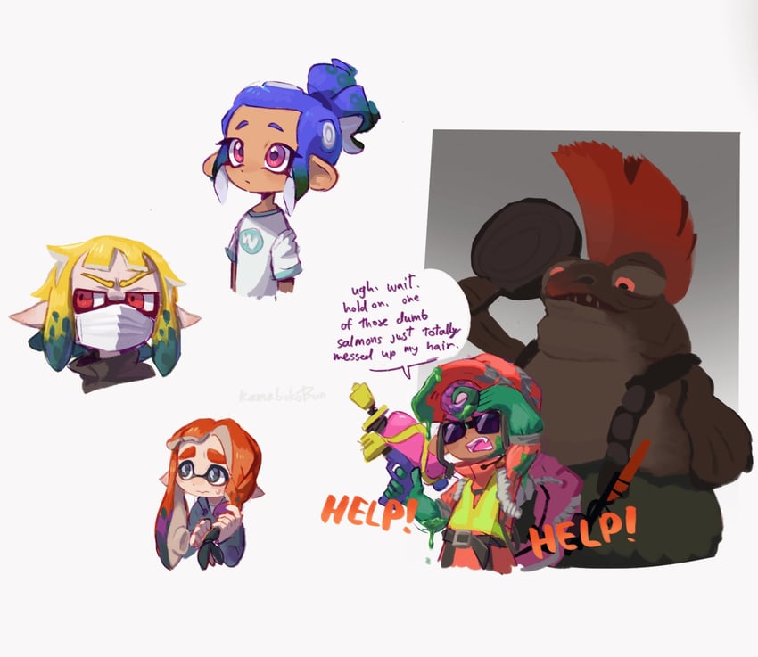 inkling player character, inkling girl, octoling player character, octoling girl, inkling boy, and 2 more (splatoon and 1 more) drawn by kamabokobun