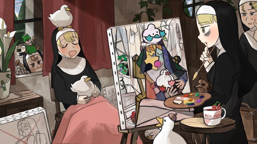 clumsy nun, froggy nun, spicy nun, strict nun, and leaf nun (little nuns) drawn by diva_(hyxpk)