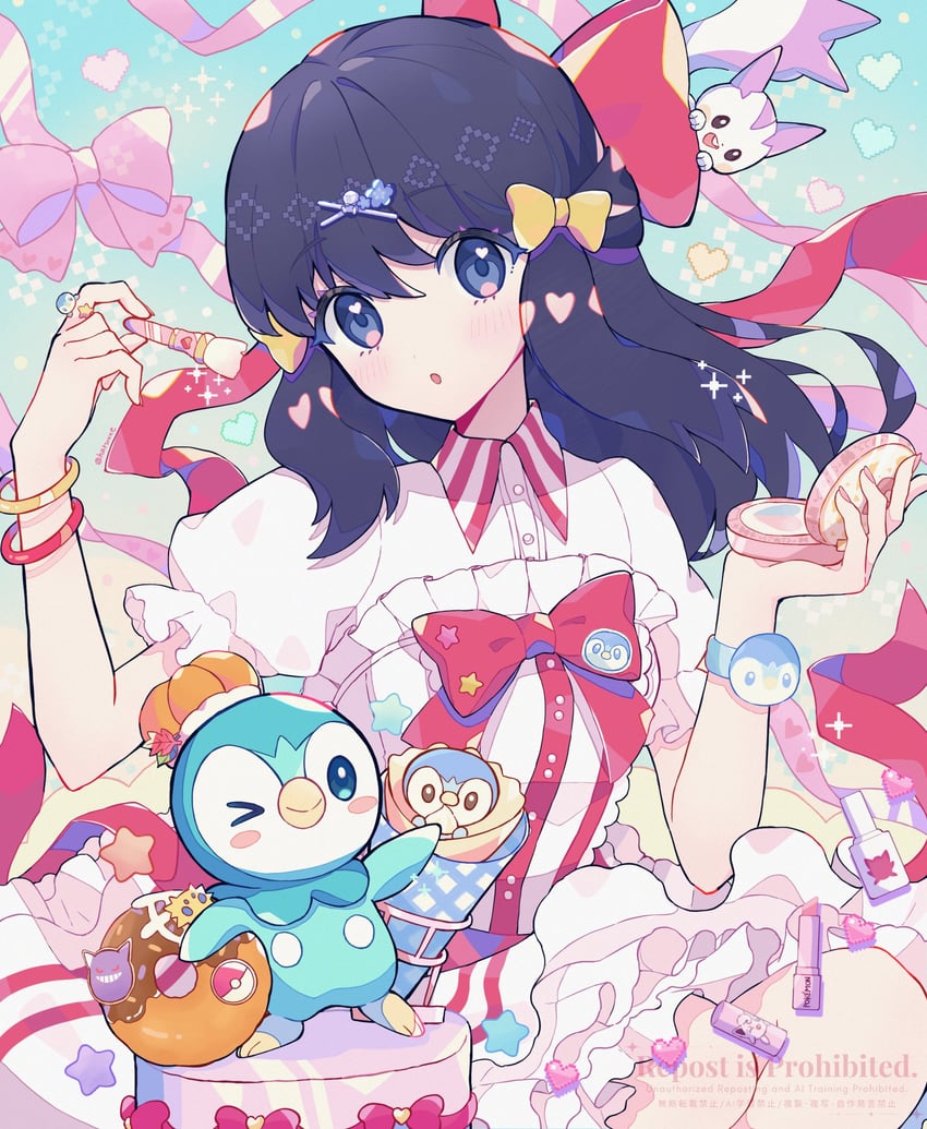 dawn, piplup, gengar, jigglypuff, pachirisu, and 1 more (pokemon and 1 more) drawn by haru_(haruxxe)