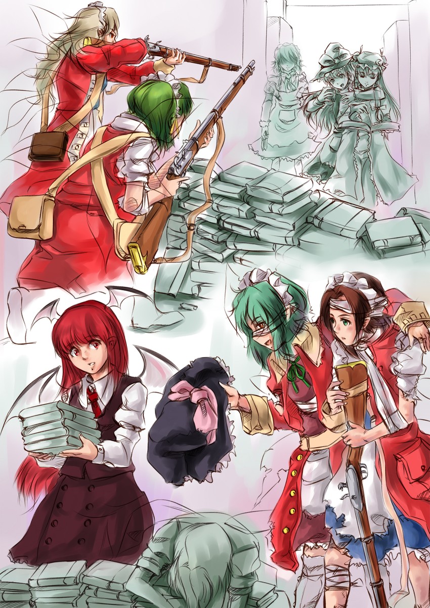 kirisame marisa, izayoi sakuya, patchouli knowledge, koakuma, and fairy maid (touhou) drawn by lleu