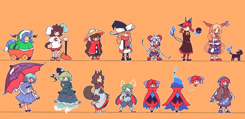 kirisame marisa, kaenbyou rin, tatara kogasa, mystia lorelei, ibuki suika, and 8 more (touhou) drawn by slascoplerd