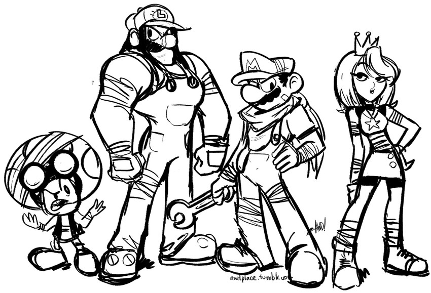 princess peach, mario, luigi, and toad (mario and 2 more) drawn by awd!