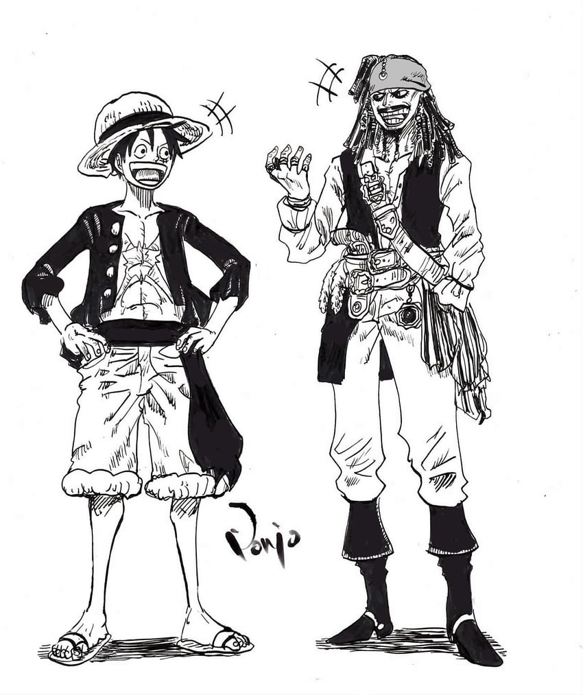 monkey d. luffy and jack sparrow (one piece and 1 more) drawn by nishiponi