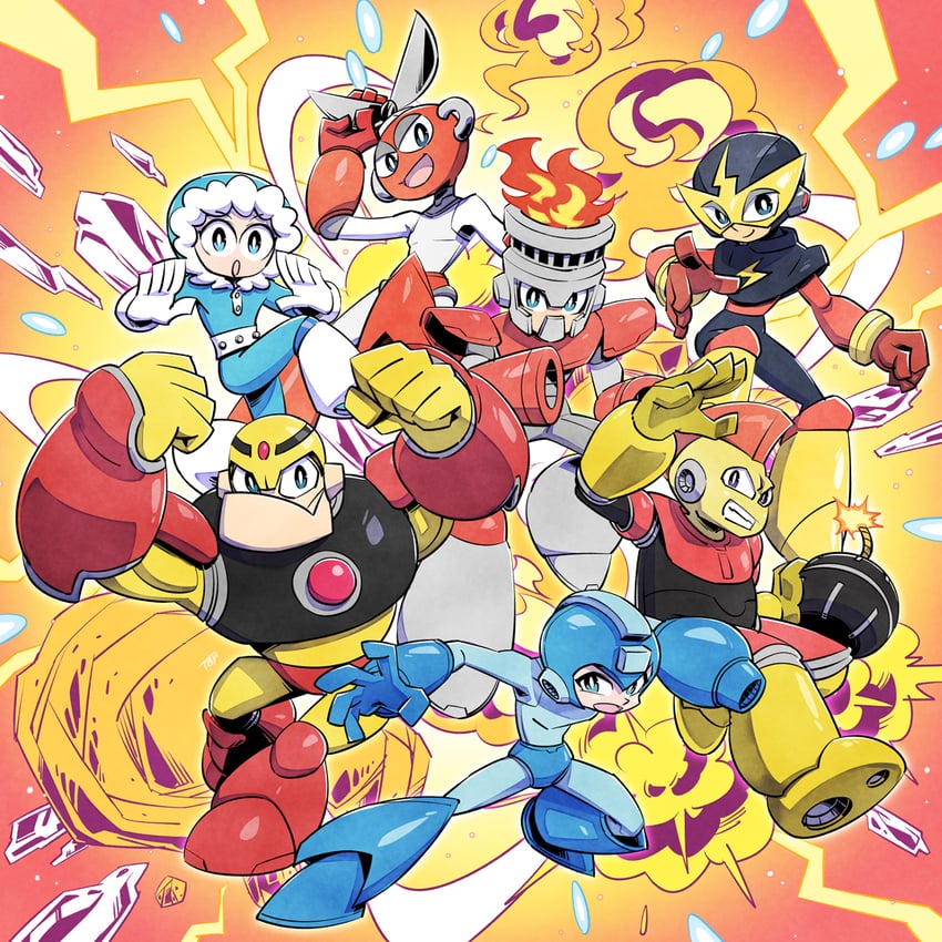 mega man, cut man, elec man, ice man, fire man, and 2 more (mega man and 1 more) drawn by sunafuki_tabito