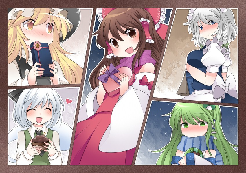 hakurei reimu, kirisame marisa, izayoi sakuya, kochiya sanae, and konpaku youmu (touhou) drawn by hammer_(sunset_beach)