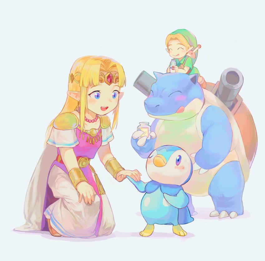link, princess zelda, piplup, young link, and blastoise (pokemon and 2 more) drawn by olxexlo