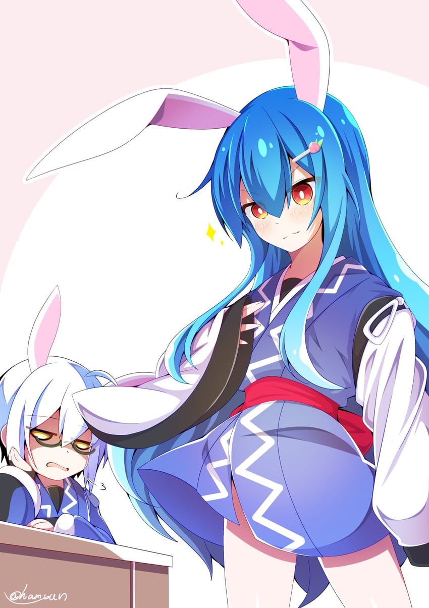 hinanawi tenshi and morichika rinnosuke (touhou) drawn by hamiyun