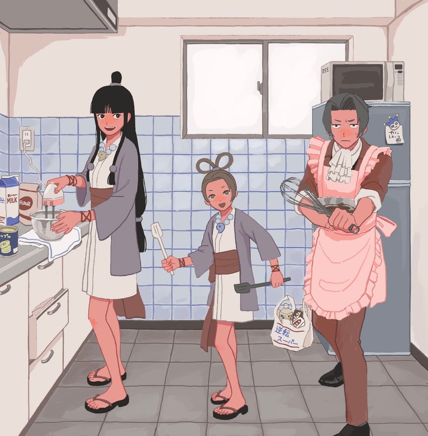 miles edgeworth, maya fey, pearl fey, and blue badger (ace attorney) drawn by 23011620x