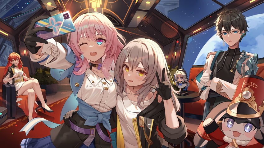 trailblazer, stelle, march 7th, dan heng, herta, and 2 more (honkai and 1 more) drawn by mirufuaa