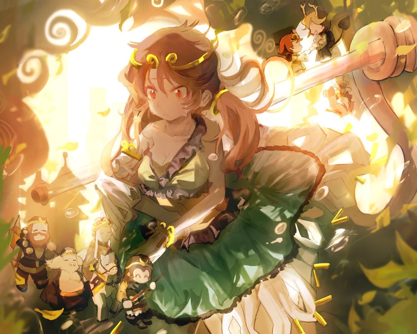 kicchou yachie, sun wukong, son biten, nippaku zanmu, tang sanzang, and 3 more (touhou and 1 more) drawn by pingfengtan