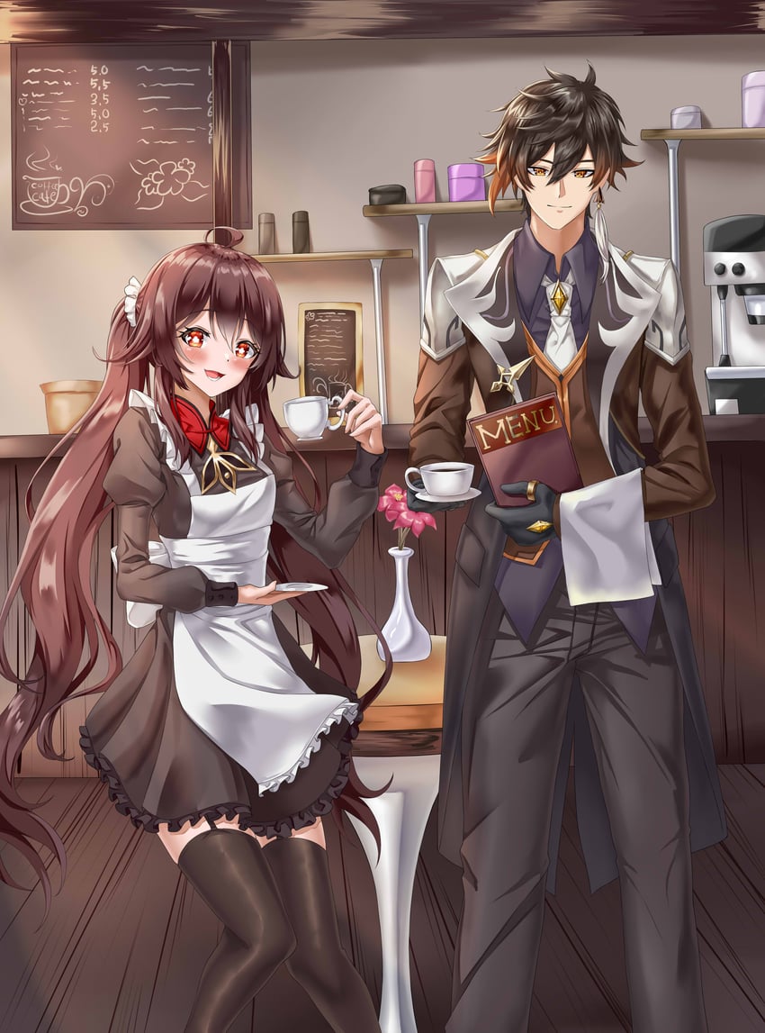 hu tao and zhongli (genshin impact) drawn by hoppo_(waht_b)