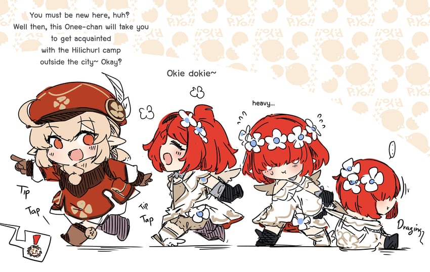 klee, hilichurl, tribbie, trianne, and trinnon (genshin impact and 3 more) drawn by sesield