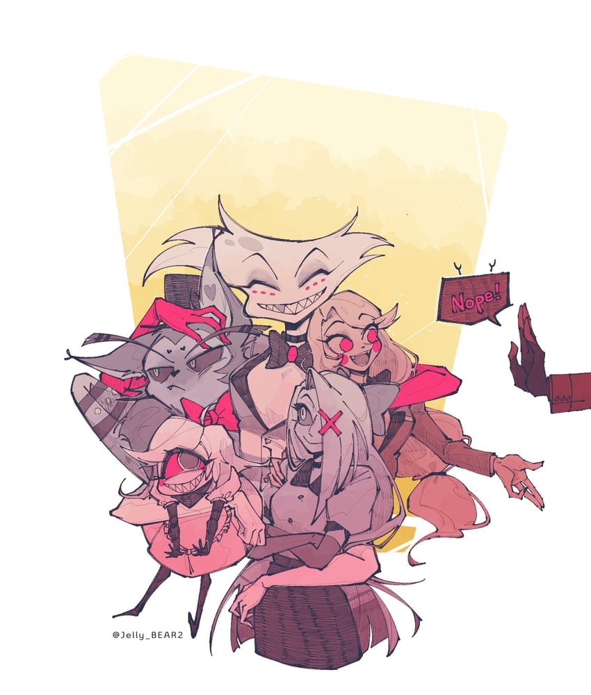 charlie morningstar, alastor, vaggie, angel dust, husk, and 1 more (hazbin hotel) drawn by jelly_bear2