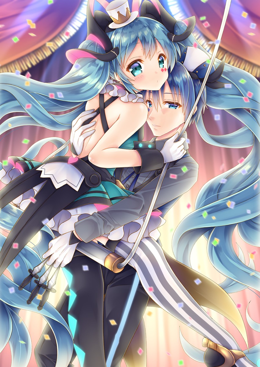 hatsune miku, kaito, magical mirai miku, and magical mirai kaito (vocaloid and 1 more) drawn by yorarry