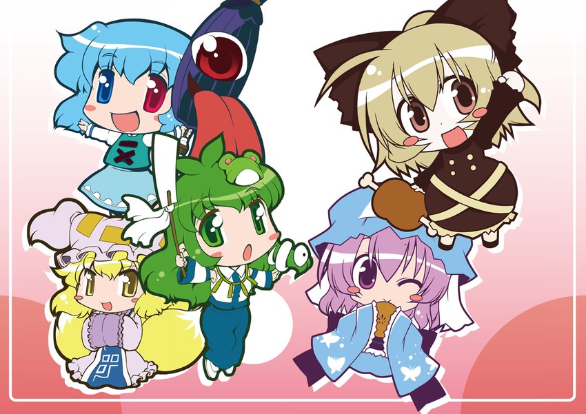 kochiya sanae, saigyouji yuyuko, yakumo ran, tatara kogasa, and kurodani yamame (touhou) drawn by mizuki_hitoshi and souma_mizuki