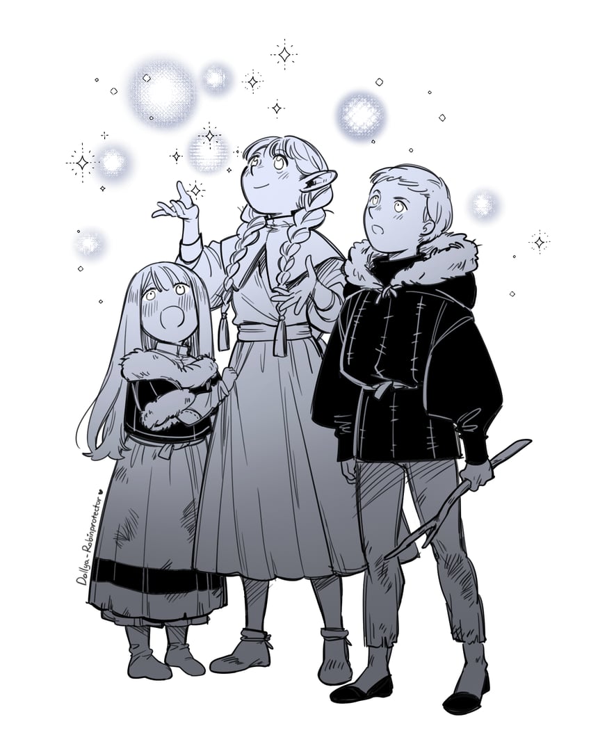 marcille donato, falin touden, and laios touden (dungeon meshi) drawn by dollyadayo