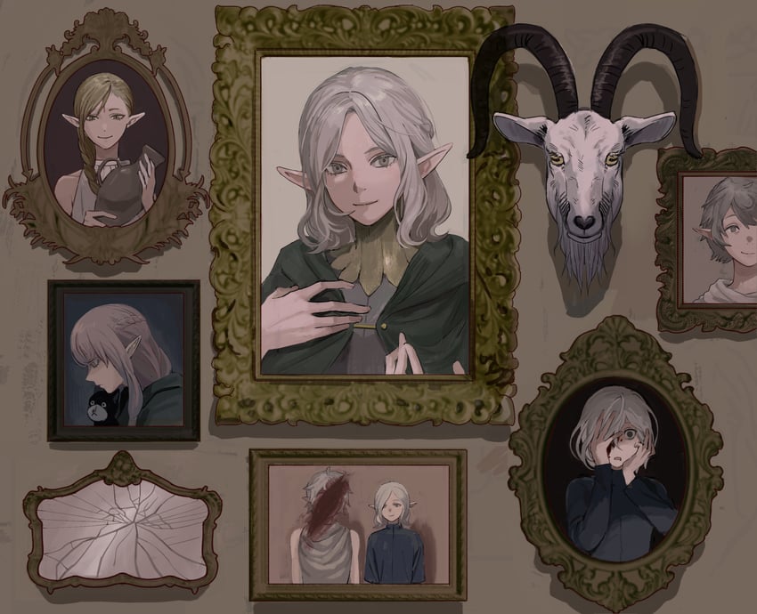 mithrun, goat, milsiril, mithrun's brother, and braided ponytail elf (dungeon meshi) drawn by xiiiiiiiii