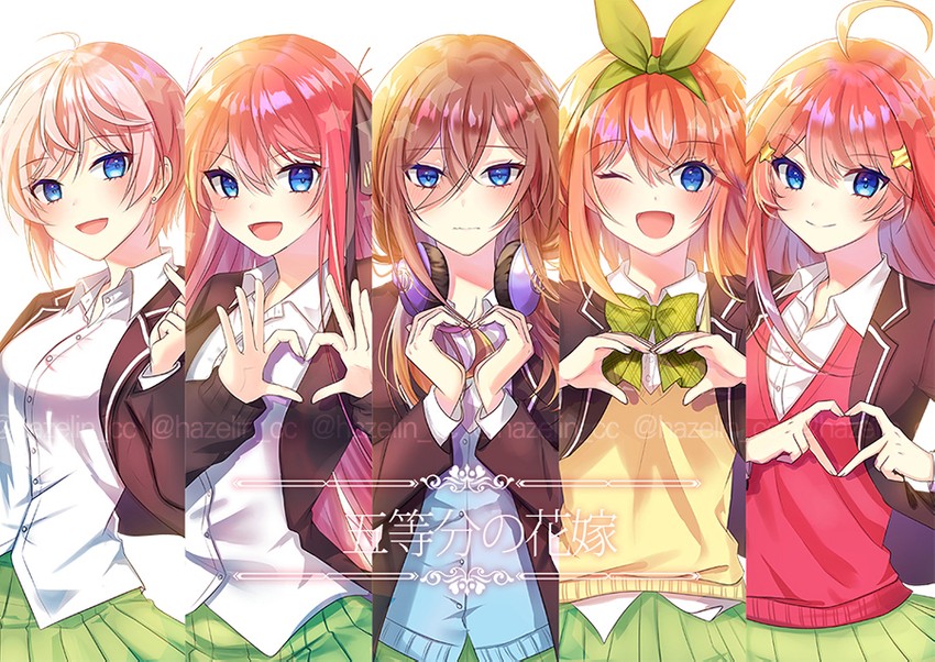 nakano nino, nakano miku, nakano yotsuba, nakano ichika, and nakano itsuki (go-toubun no hanayome) drawn by 723/nanahumi