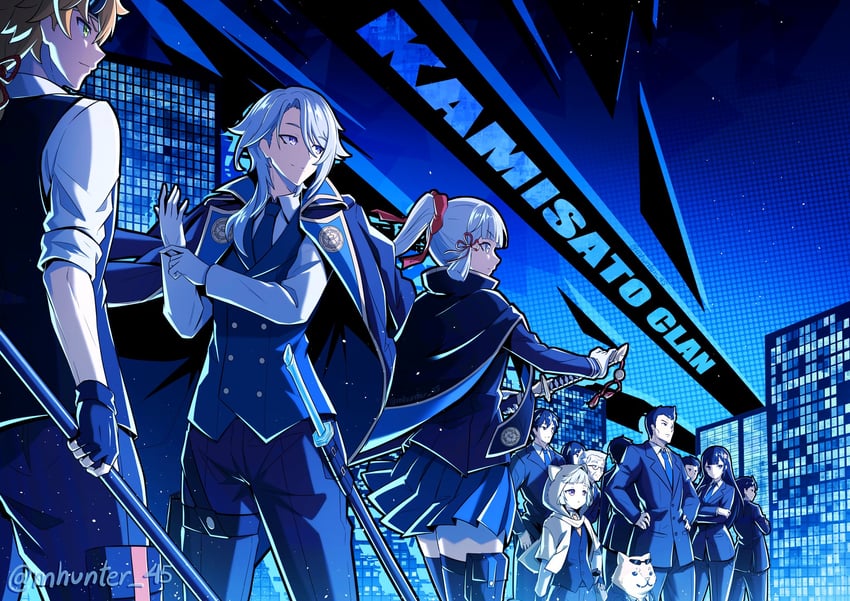 kamisato ayaka, kamisato ayato, thoma, and taroumaru (genshin impact) drawn by mhunter_45
