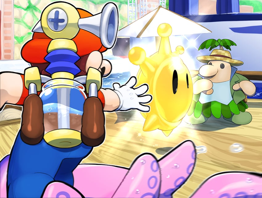 mario, blooper, f.l.u.d.d., pianta, and blooper racer (mario and 1 more) drawn by hoshi_(star-name2000)