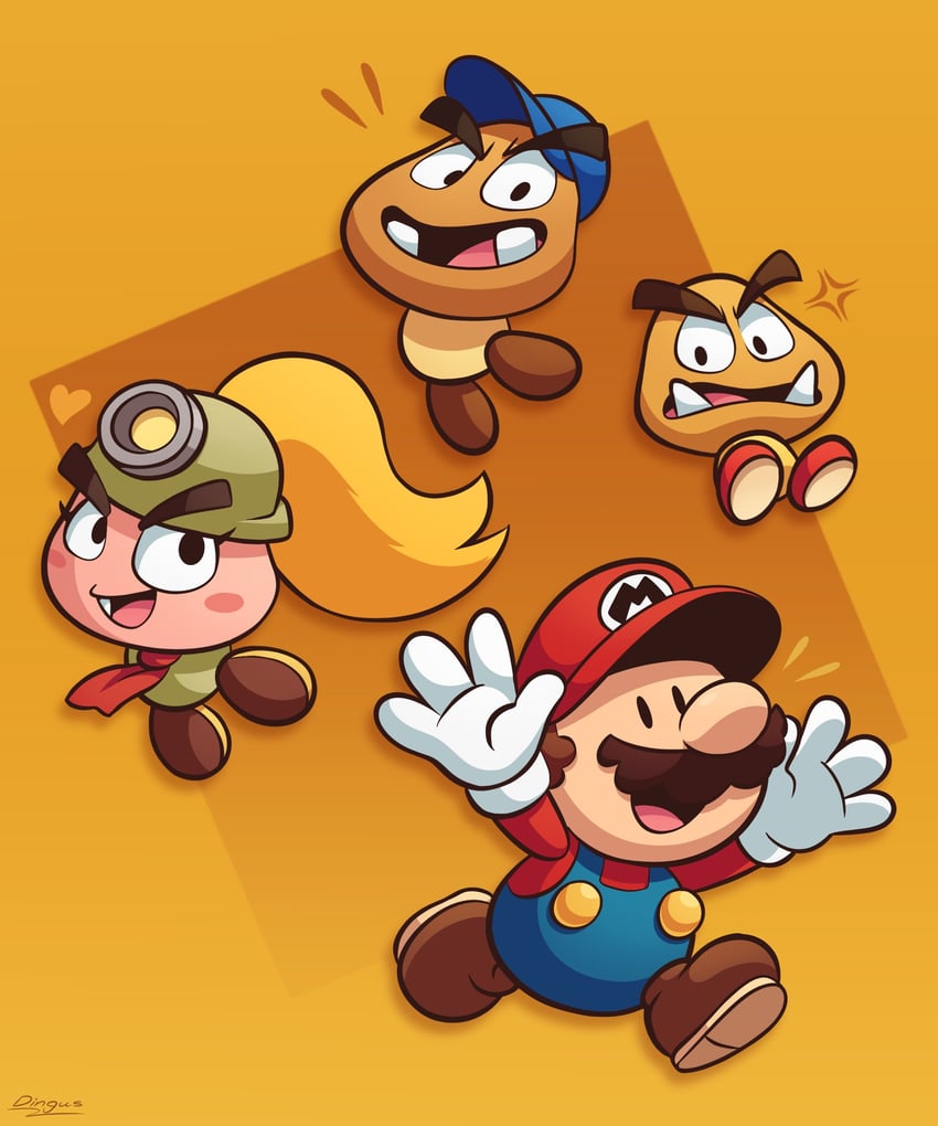mario, goomba, paper mario, goombella, and goombario (mario and 3 more) drawn by vinny_(dingitydingus)
