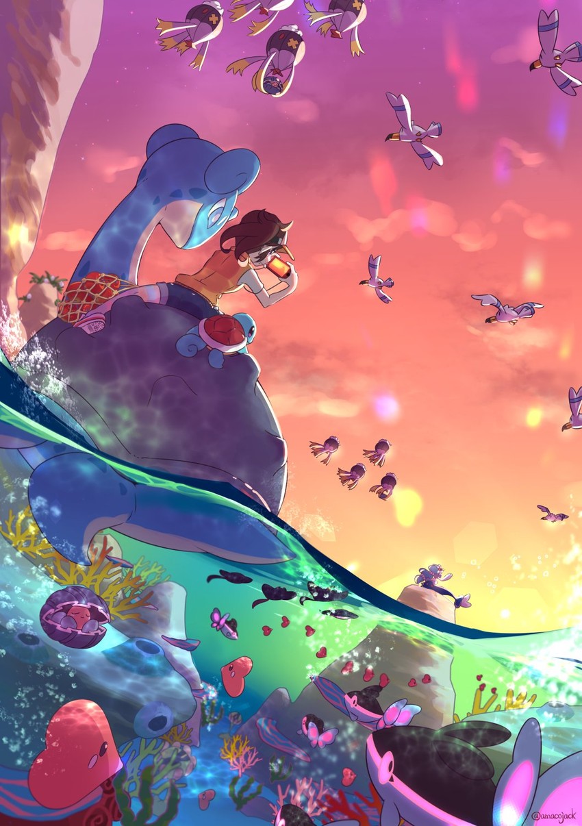 squirtle, lapras, wingull, primarina, luvdisc, and 5 more (pokemon and 1 more) drawn by amaco_(amacoworklove)