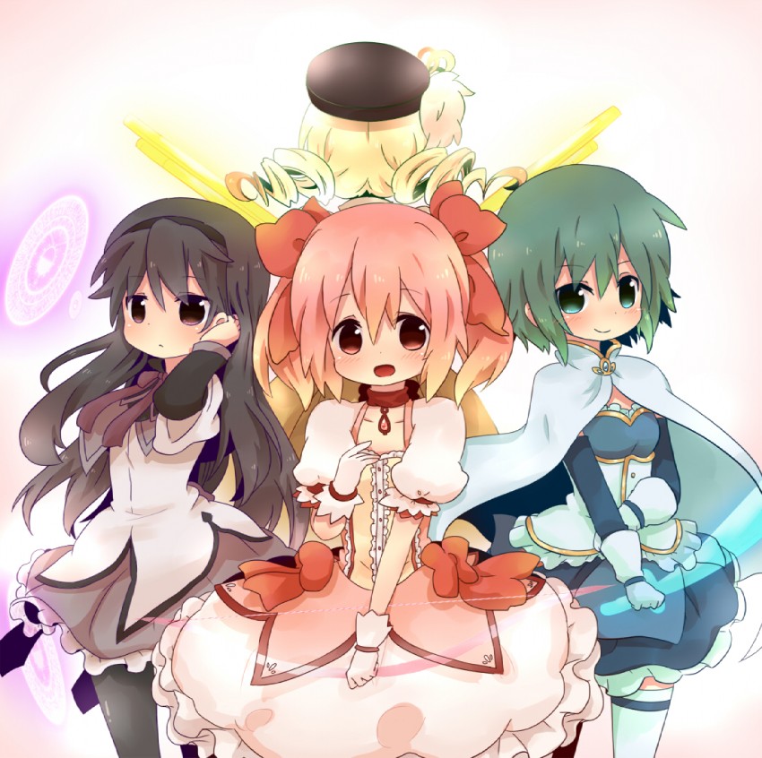 akemi homura, kaname madoka, miki sayaka, and tomoe mami (mahou shoujo madoka magica) drawn by kofa_(ikyurima)