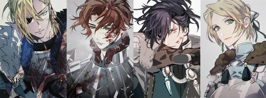 dimitri alexandre blaiddyd, ingrid brandl galatea, sylvain jose gautier, and felix hugo fraldarius (fire emblem and 1 more) drawn by tsukimura_noe