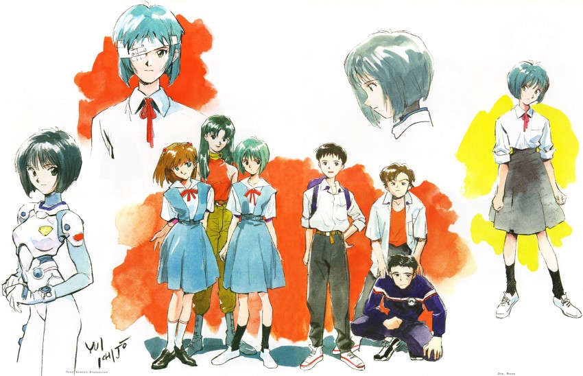 souryuu asuka langley, ayanami rei, ikari shinji, katsuragi misato, aida kensuke, and 2 more (neon genesis evangelion) drawn by sadamoto_yoshiyuki