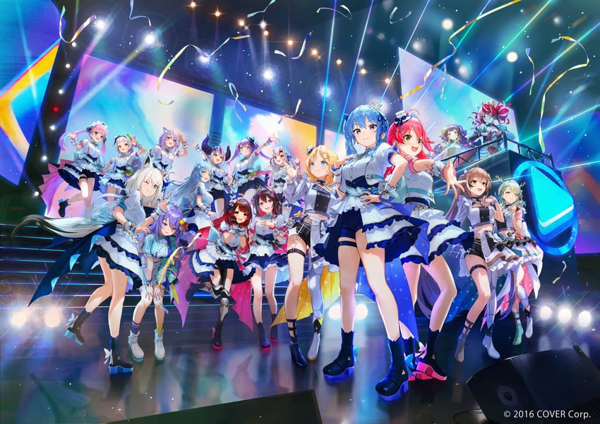 shirakami fubuki, hoshimachi suisei, nanashi mumei, nekomata okayu, minato aqua, and 13 more (hololive and 2 more) drawn by matsuo_shogo