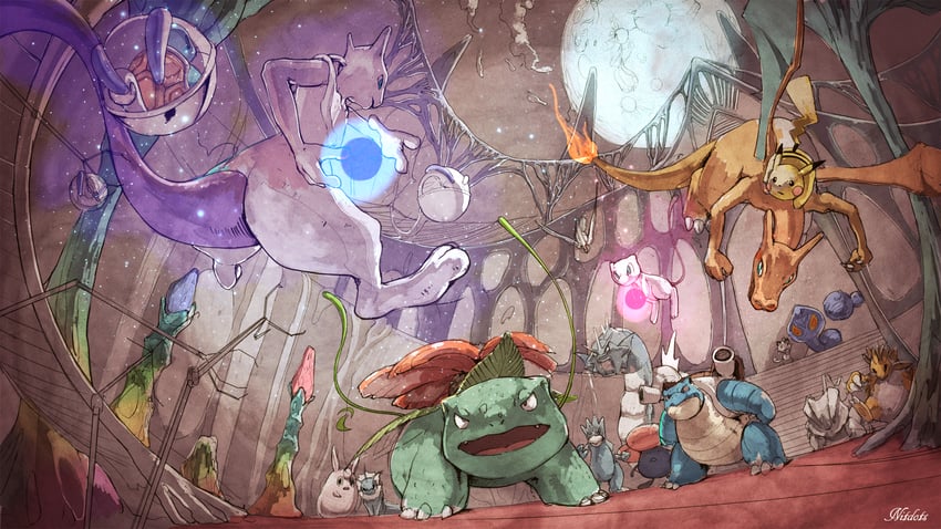 pikachu, vaporeon, squirtle, meowth, mew, and 12 more (pokemon and 1 more) drawn by funeumi