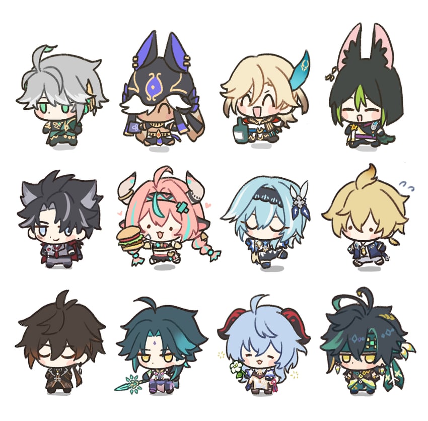 ganyu, zhongli, eula, xiao, alhaitham, and 7 more (genshin impact) drawn by resso_(resso_oo)