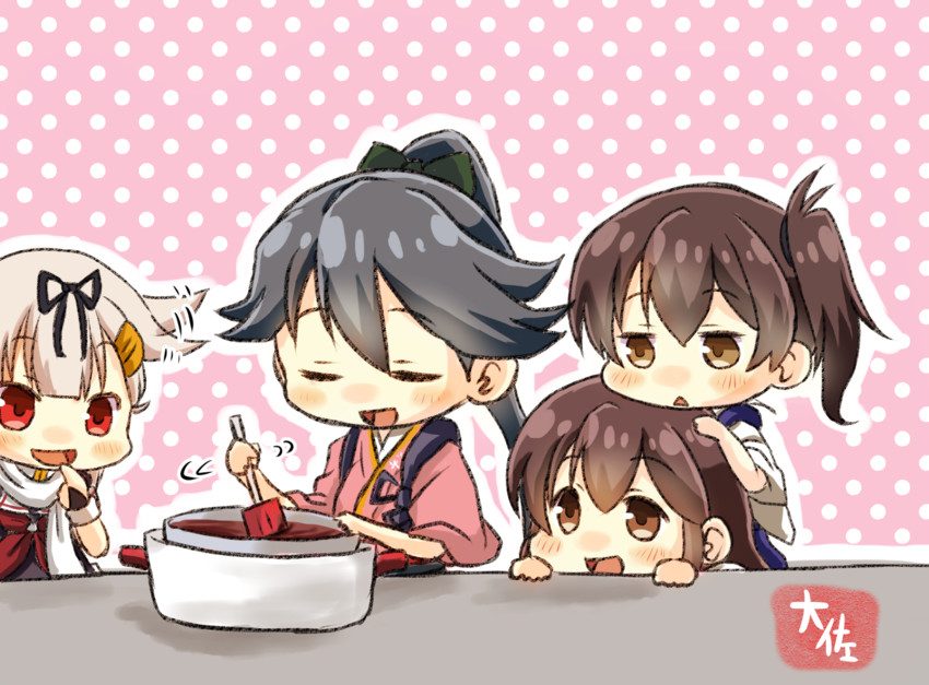 kaga, akagi, yuudachi, yuudachi kai ni, and houshou (kantai collection) drawn by taisa_(kari)