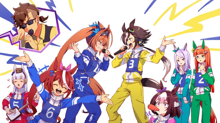 trainer, gold ship, daiwa scarlet, mejiro mcqueen, tokai teio, and 4 more (umamusume and 2 more) drawn by kafuki_fuka