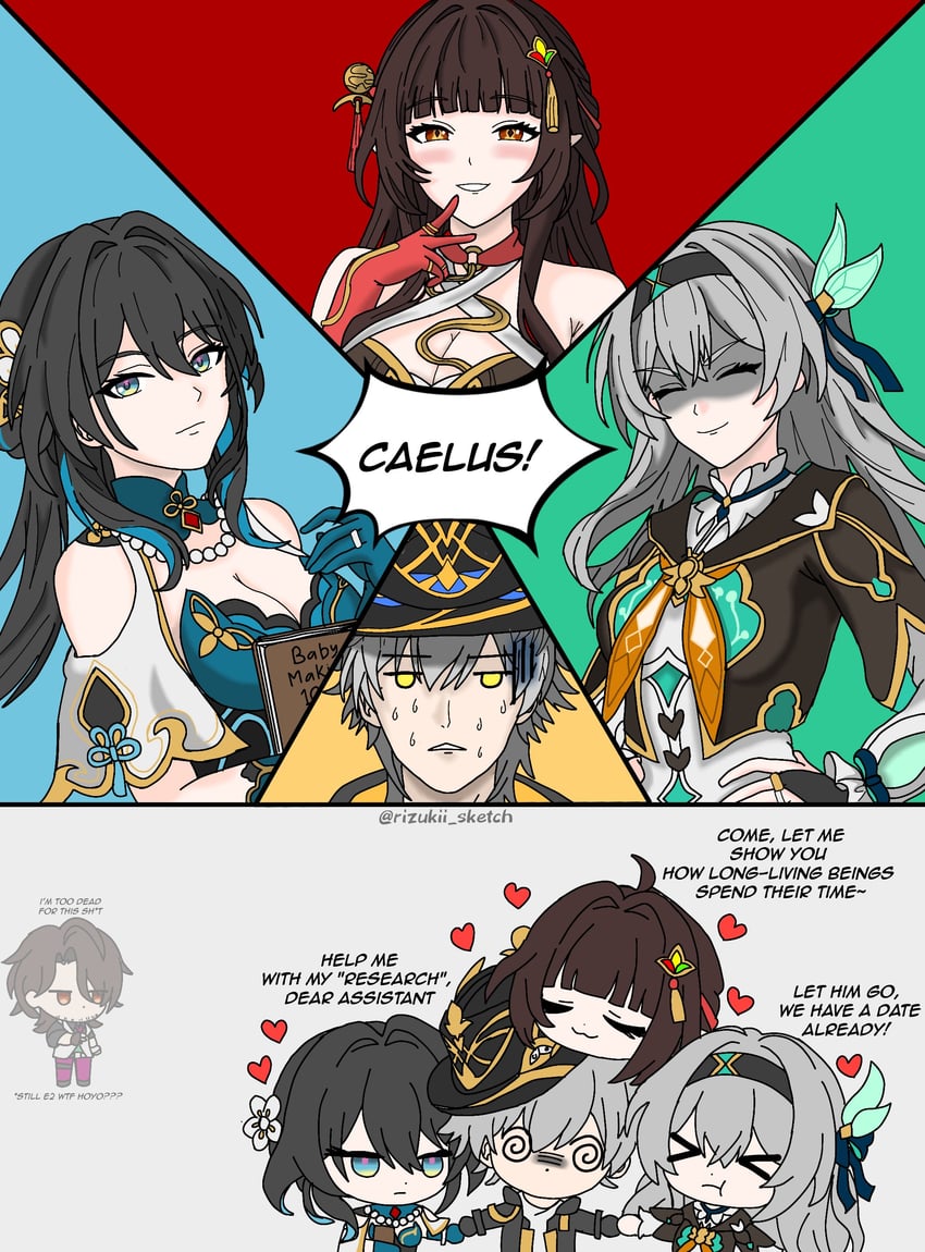 trailblazer, firefly, caelus, ruan mei, lingsha, and 1 more (honkai and 1 more) drawn by rizukii_sketch