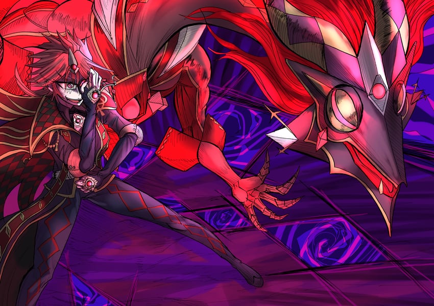 aluber, aluber the jester of despia, and masquerade the blazing dragon (yu-gi-oh!) drawn by hinokttttt