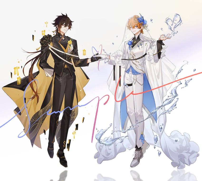 zhongli and tartaglia (genshin impact) drawn by qinnye