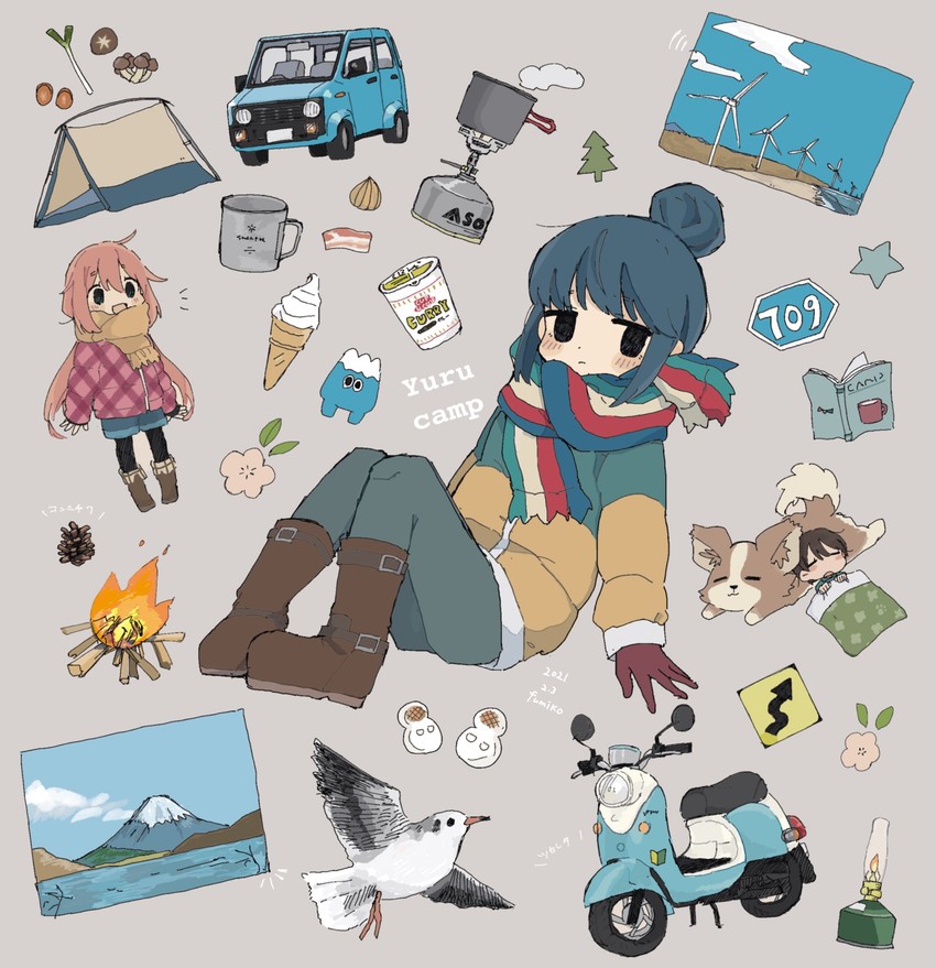 shima rin, kagamihara nadeshiko, saitou ena, and chikuwa (yurucamp) drawn by fumiko_(rubra_plumeria)