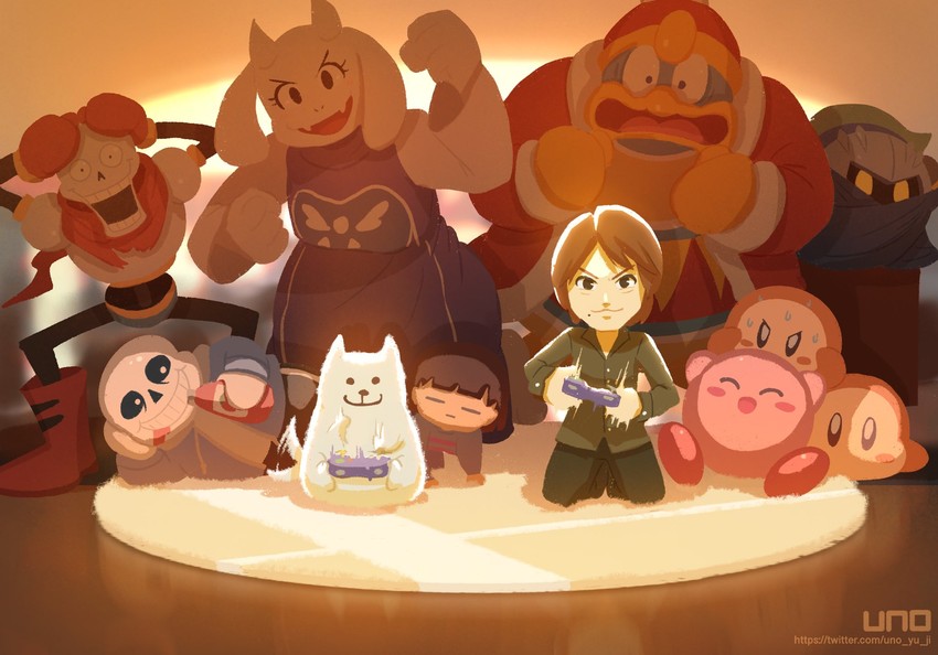 kirby, frisk, sans, meta knight, waddle dee, and 5 more (real life and 3 more) drawn by karasuno_yui