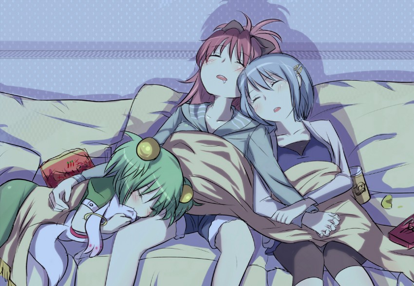 miki sayaka, sakura kyoko, kyubey, and chitose yuma (mahou shoujo madoka magica and 1 more) drawn by taromarun