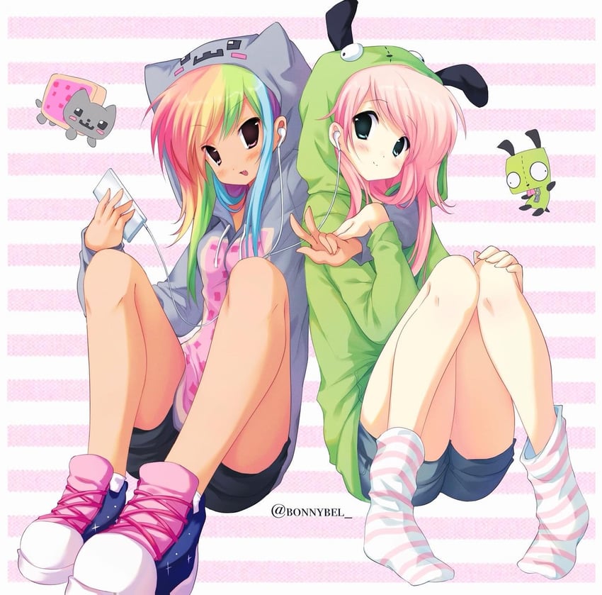 fluttershy, rainbow dash, nyan cat, and gir (my little pony and 5 more) drawn by jelly_(bonnybel)