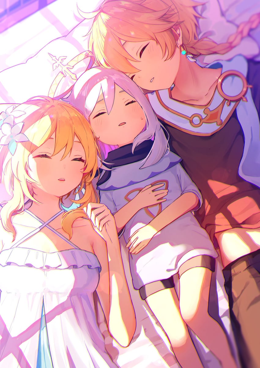 lumine, aether, and paimon (genshin impact) drawn by chiroron