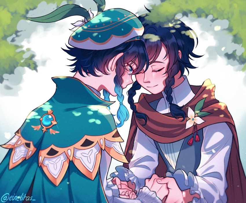 venti and nameless bard (genshin impact) drawn by einelitas