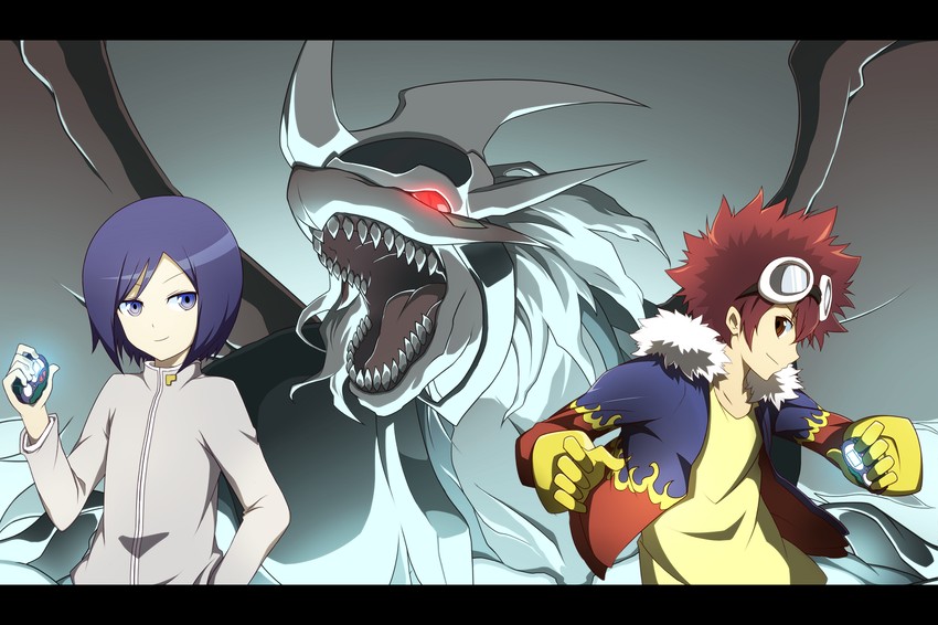 motomiya daisuke, ichijouji ken, imperialdramon, and imperialdramon dragon mode (digimon and 1 more) drawn by lemon_(wzcrybmi)