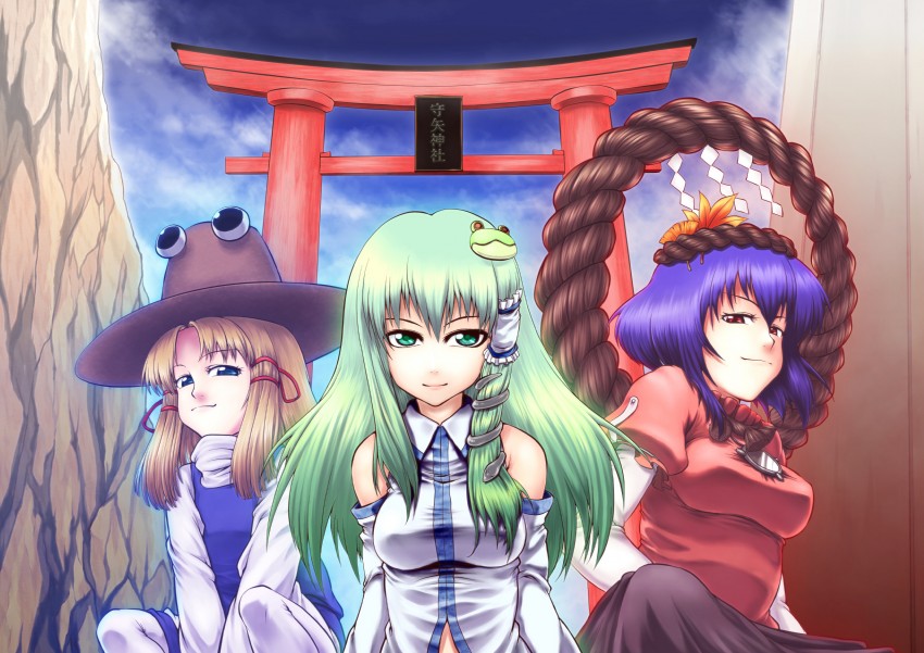 kochiya sanae, moriya suwako, and yasaka kanako (touhou) drawn by sibaraku_mitei