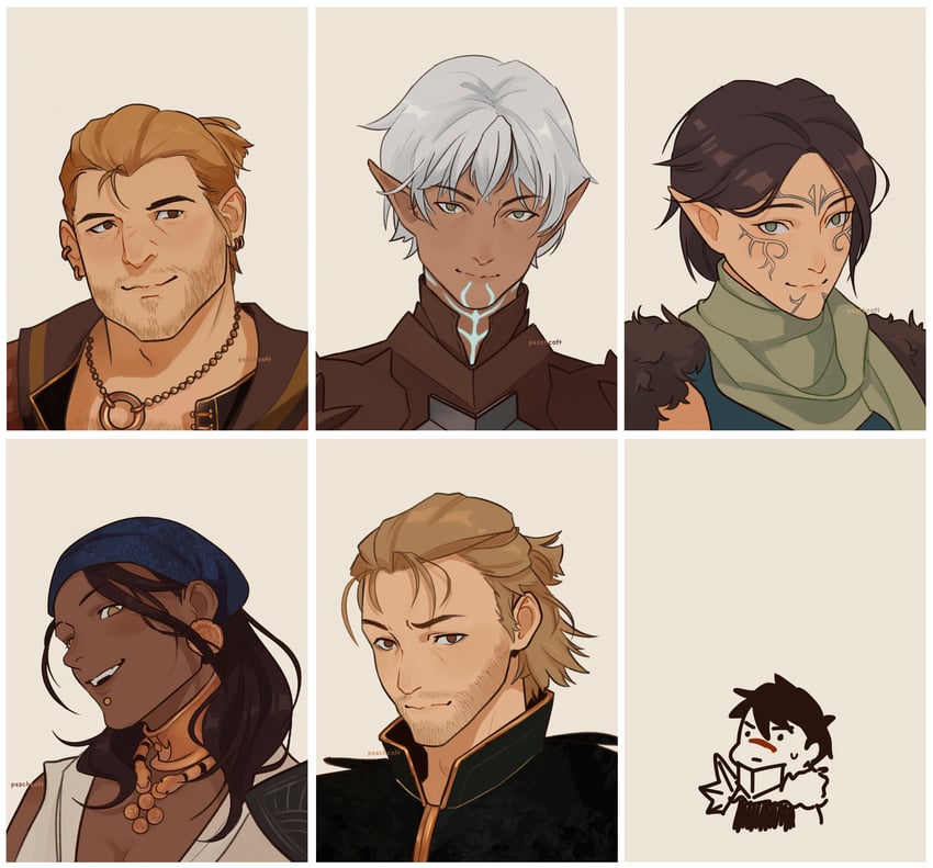 fenris, varric tethras, merrill, isabela, marian hawke, and 1 more (dragon age and 1 more) drawn by peachcott